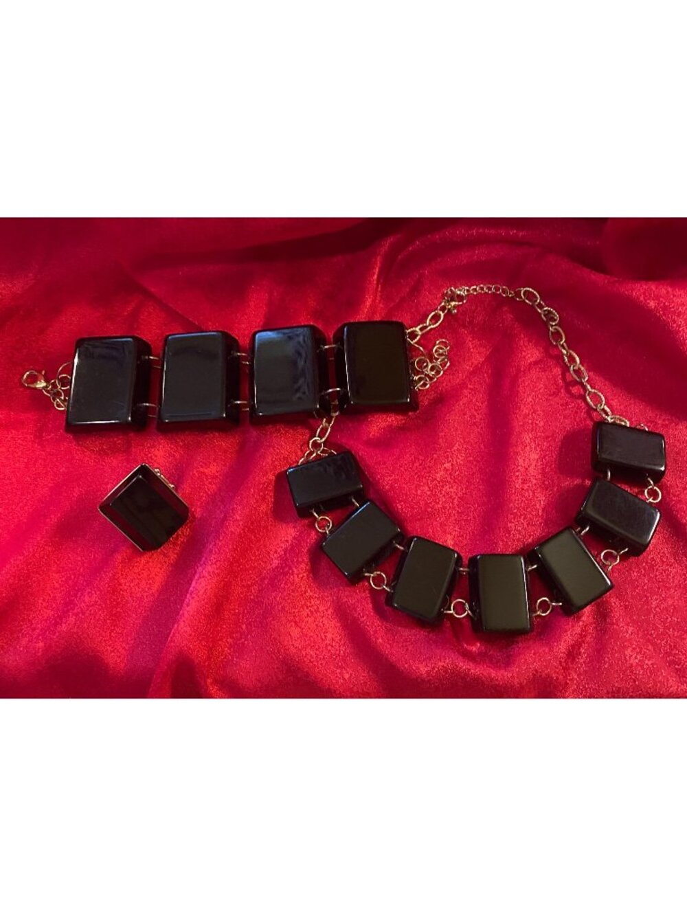 Vintage Black Rectangular Necklace Bracelet & Clip-On Earrings Set Gold-Tone Cha
